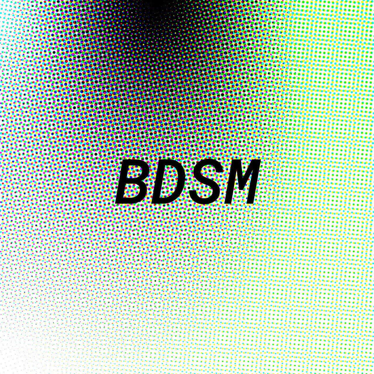 Halftone background with black text BDSM, representing leather collars and leather cuffs concept