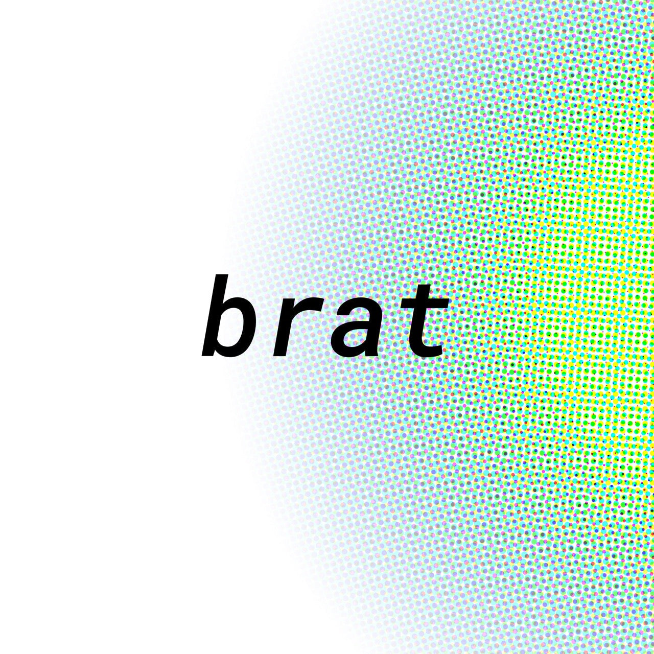 Text 'brat' over colorful halftone dots pattern, emphasizing leather collars and leather cuffs branding