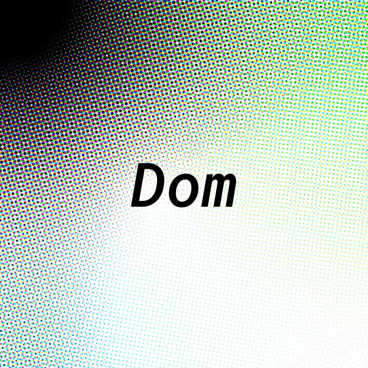 Abstract colorful halftone pattern with the word Dom in black text, related to leather collars and cuffs