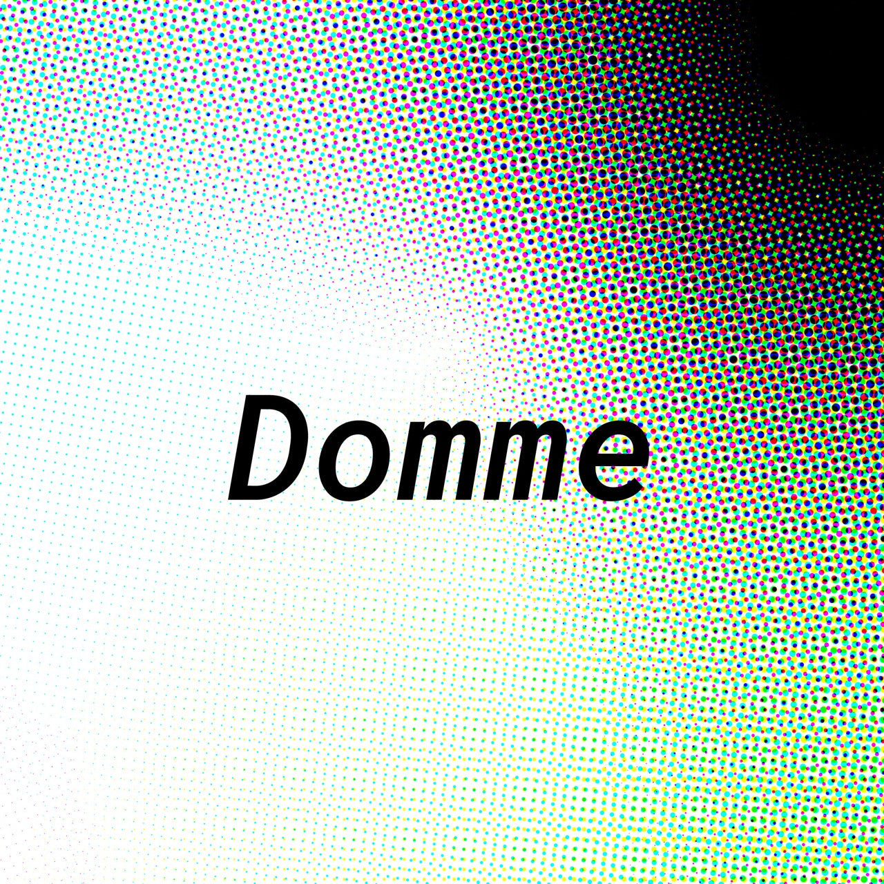 Abstract black and white halftone background with the word Domme in black text, showing a leather collar theme