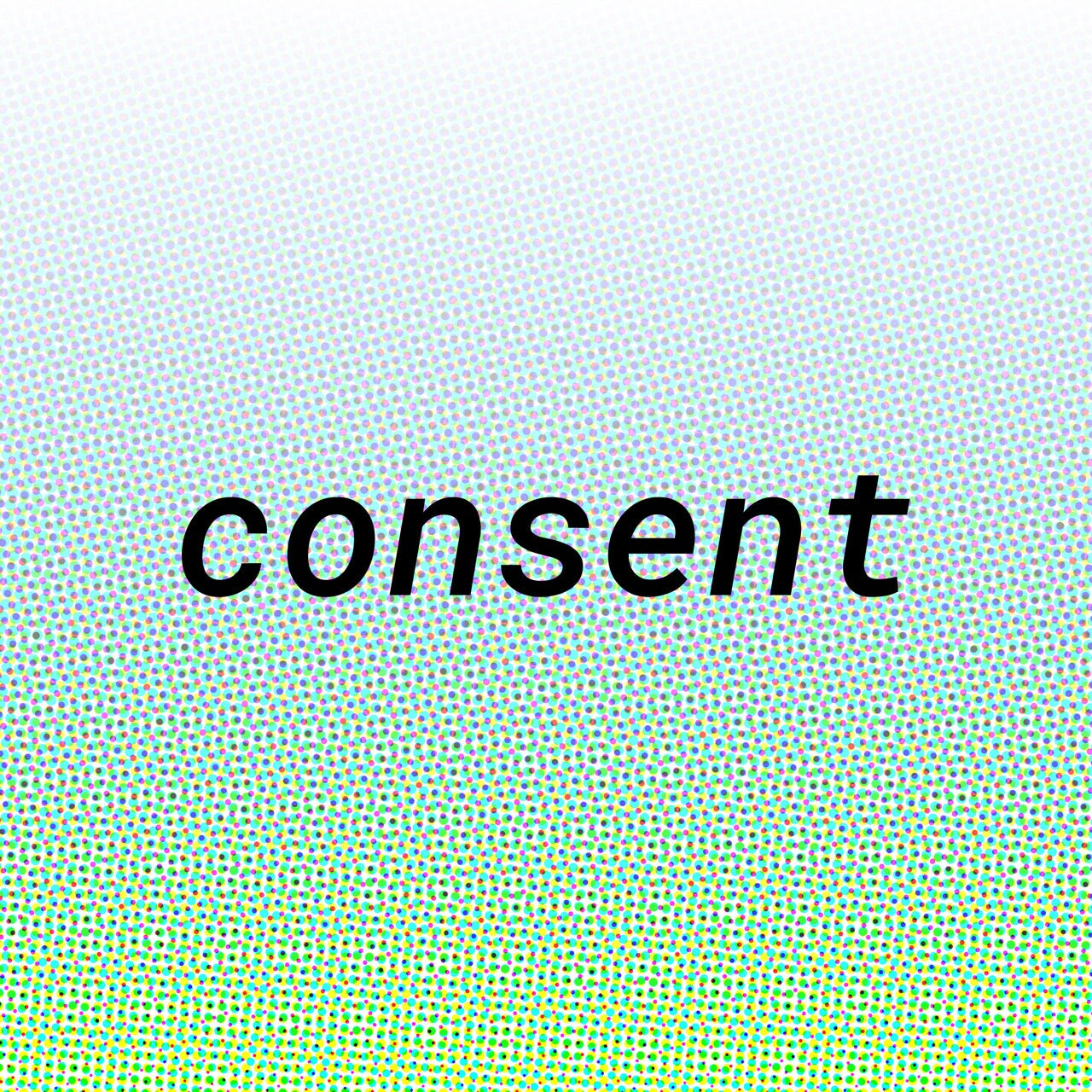 Graphic text 'consent' on colorful dotted halftone background, representing respectful use of leather collars and cuffs