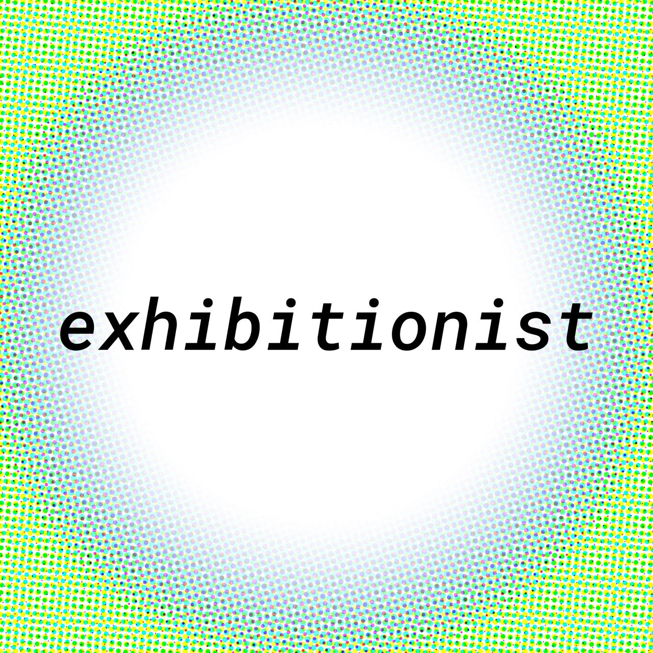 Graphic text 'exhibitionist' over colorful halftone background, suitable for leather collars and cuffs branding