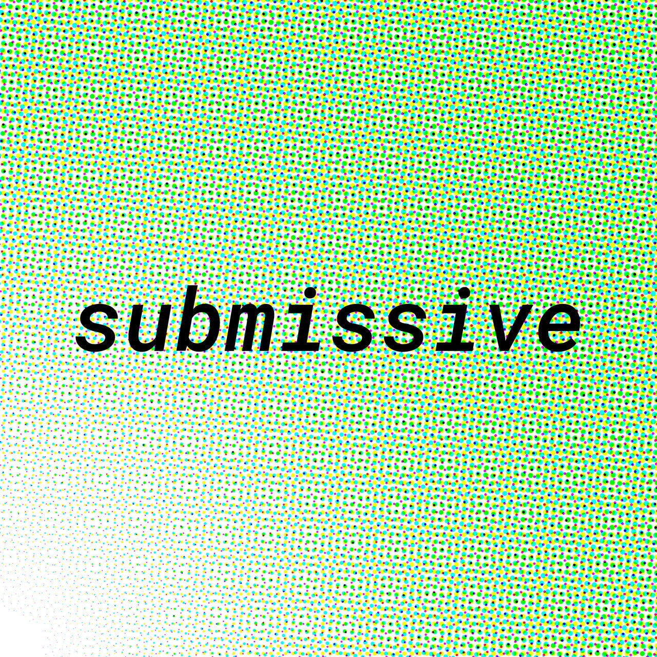 Pop art style graphic with the word submissive in black text, highlighting leather collars and cuffs concept