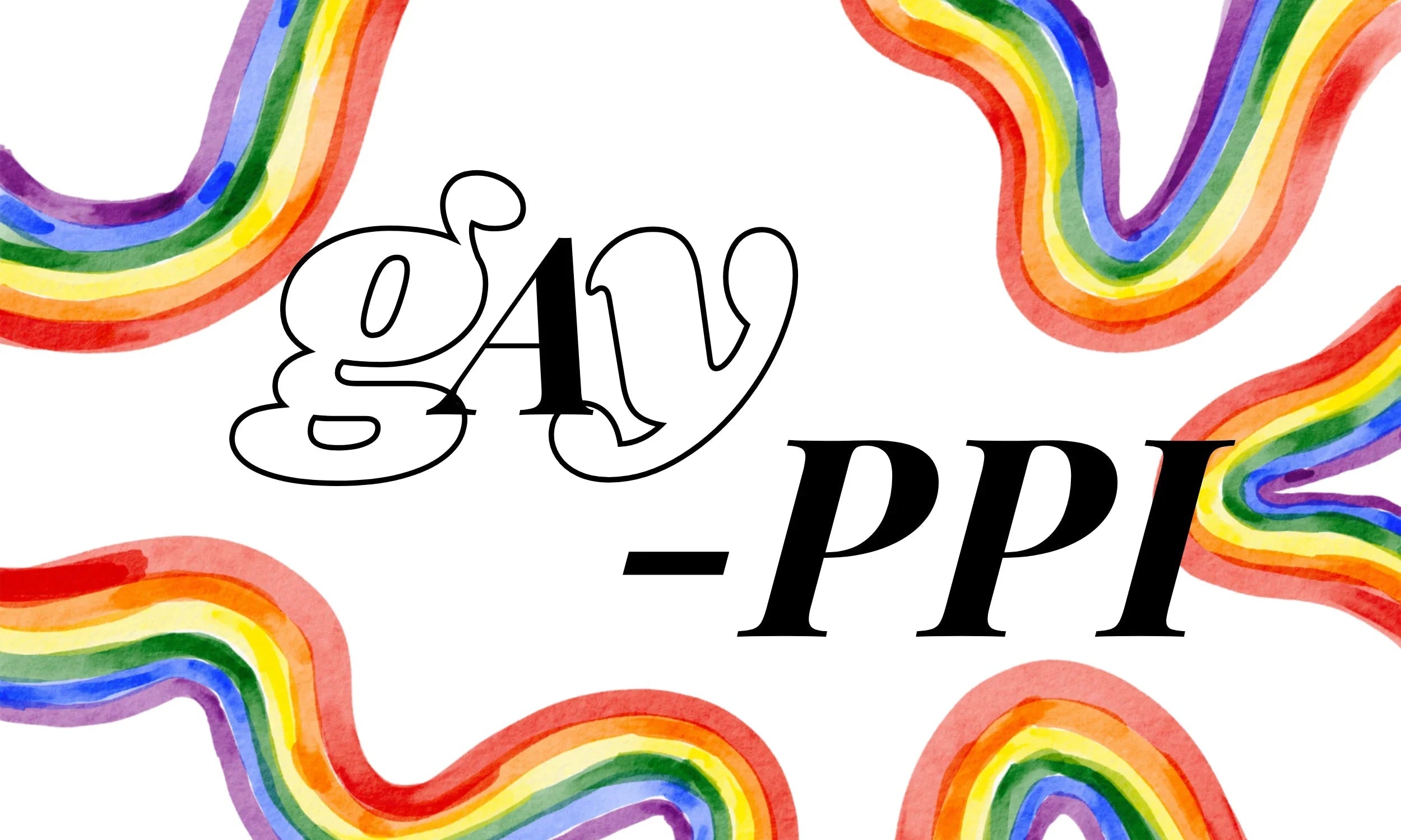 Stylized text 'gAy -PPI' surrounded by wavy rainbow-colored borders, symbolizing pride and inclusivity