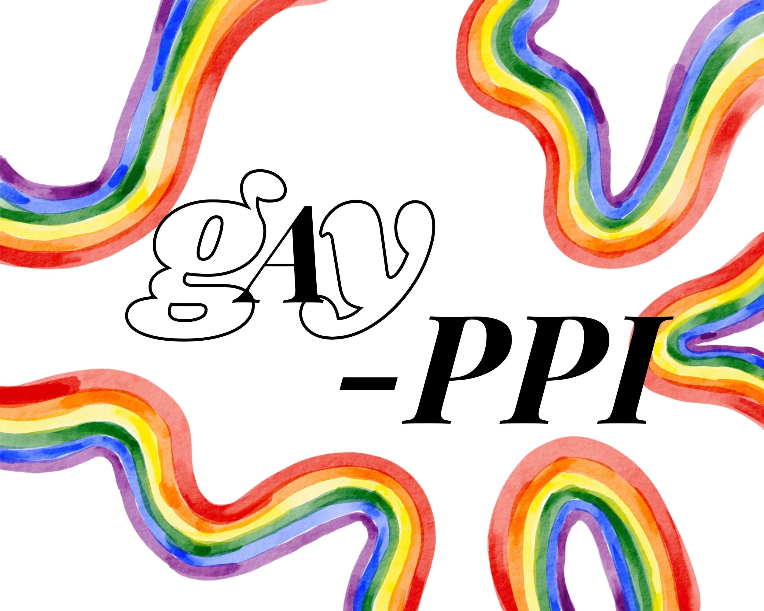 Stylized text 'gAy -PPI' surrounded by wavy rainbow-colored borders, symbolizing pride and inclusivity
