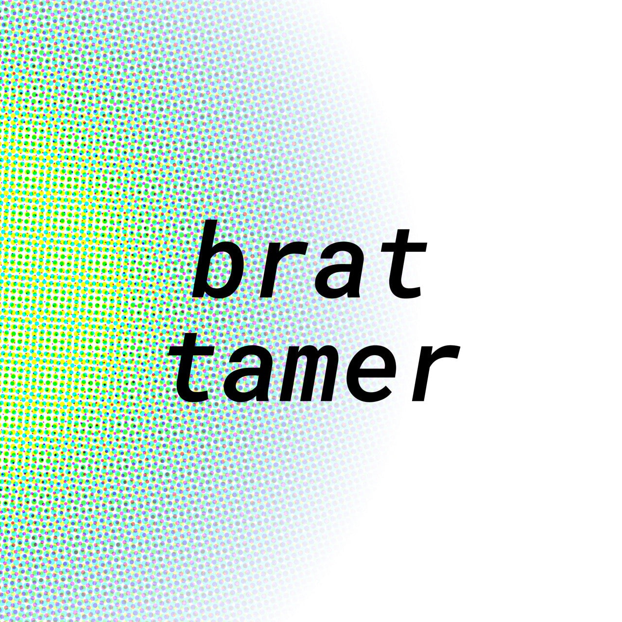Colorful dotted halftone background with text brat tamer highlighting leather collars and leather cuffs