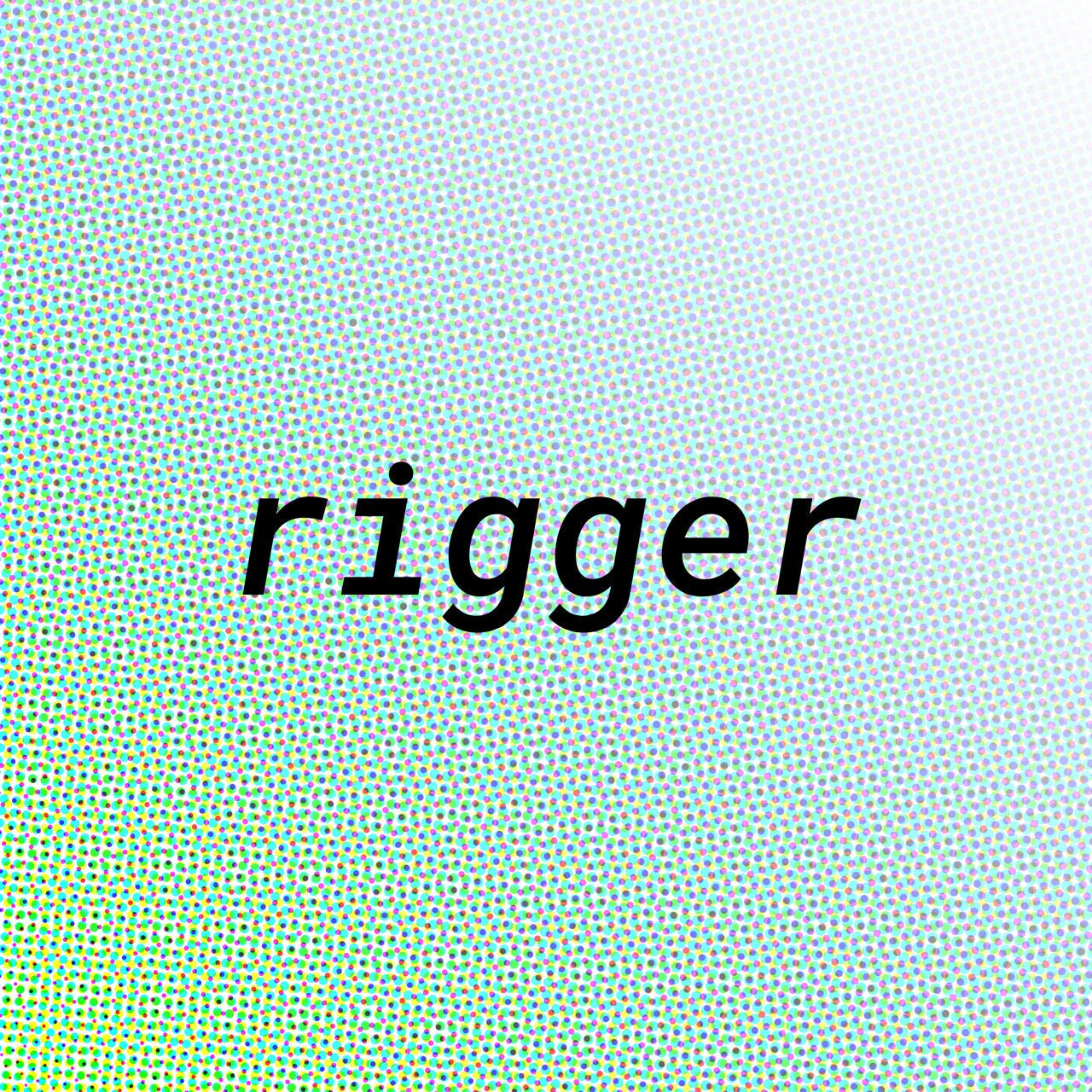 Artistic graphic with word rigger on colorful dotted background, leather collars and leather cuffs theme