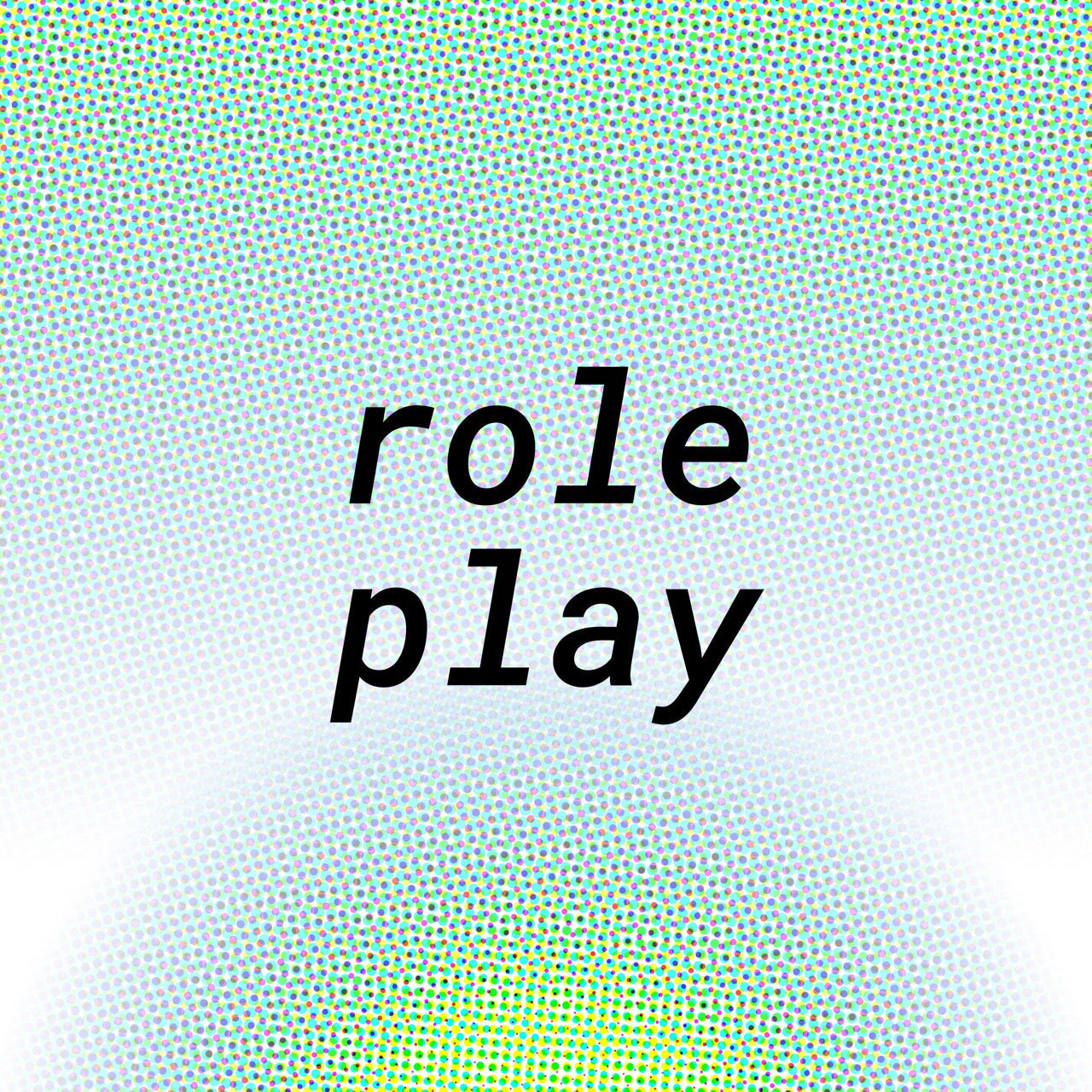 Black text role play on a colorful dotted halftone pattern background, highlighting leather collars and cuffs themes