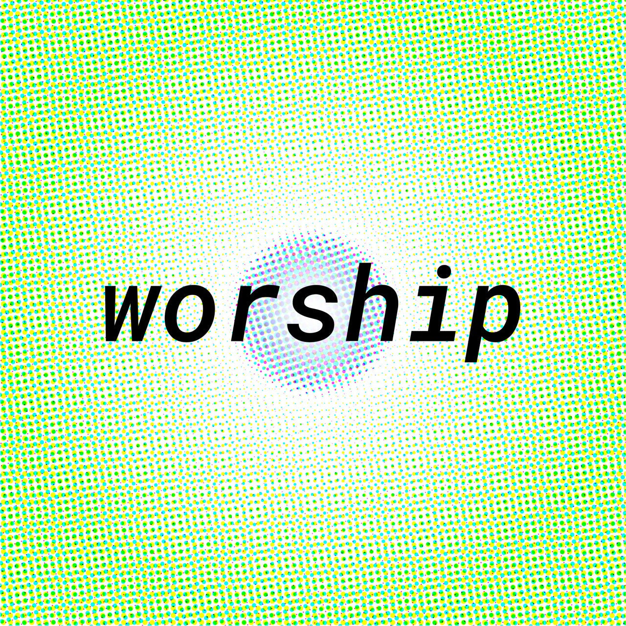 Graphic text 'worship' over colorful halftone pattern, no leather collars or cuffs visible