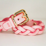 Braided pink leather day collar with gold buckle and ring, custom leather collars and wrist cuffs