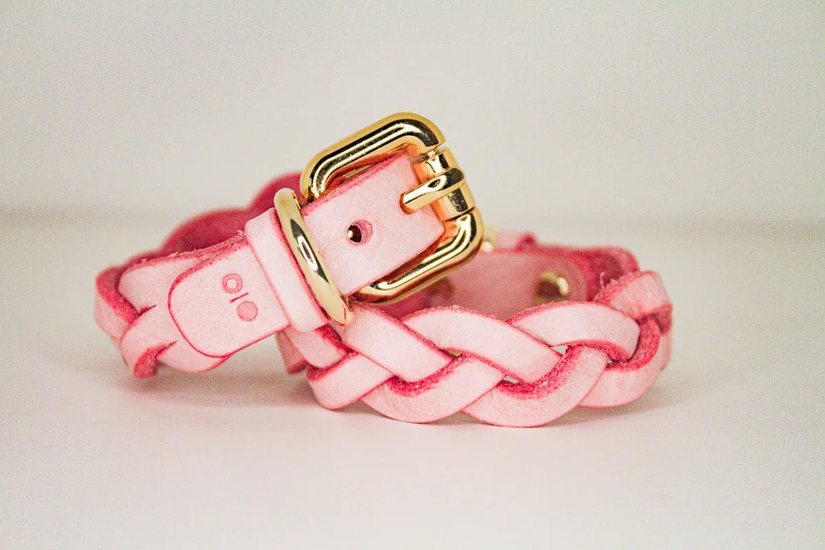 Braided pink leather day collar with gold buckle and ring, custom leather collars and wrist cuffs