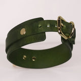 Rear view of the 'Moss' green leather BDSM collar, showcasing the gold-tone buckle and precise adjustment holes for a perfect fit.