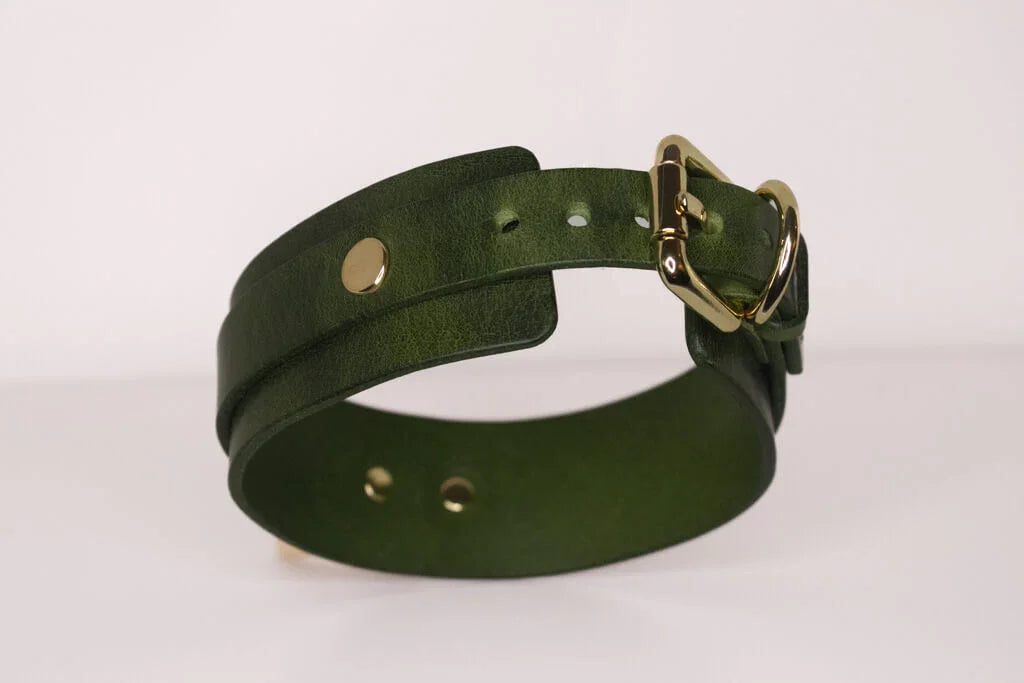 Rear view of the 'Moss' green leather BDSM collar, showcasing the gold-tone buckle and precise adjustment holes for a perfect fit.