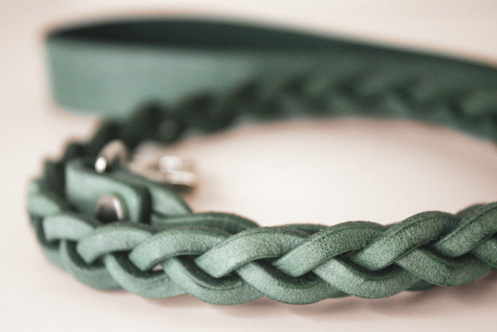 Close-up of the braided Yucca green leather leash's handle, displaying the craftsmanship and silver-tone clasp.