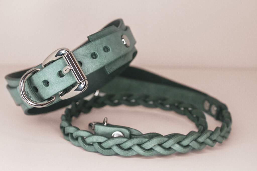 Detailed back view of Yucca green leather BDSM collar with silver buckle and hardware.