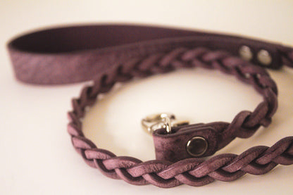 Braided Haze purple leather BDSM leash with silver-tone clasp and hardware.