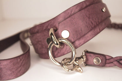 Haze purple leather BDSM collar and leash set with silver-tone O-rings and leather leash..
