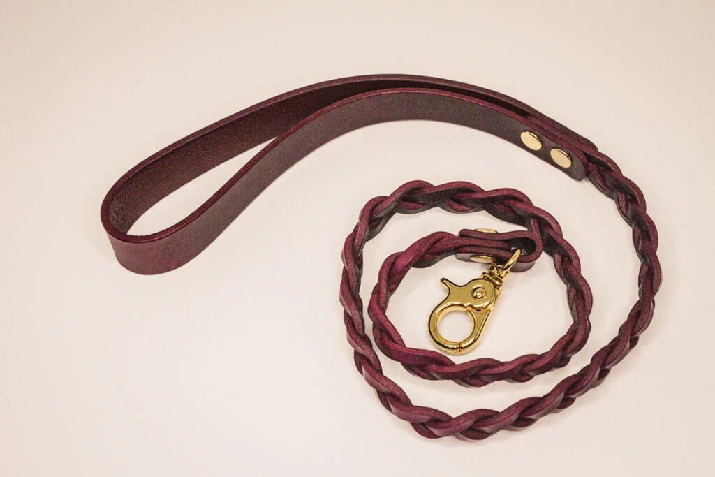 Coiled handmade Bordeaux Italian leather BDSM leash with luxurious gold-tone hardware.