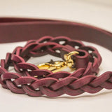 Braided Bordeaux Italian leather BDSM leash, handcrafted with a gold-tone clasp.