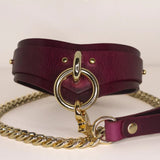 Luxury Bordeaux Italian leather BDSM collar with gold-tone O-ring and heavy chain.