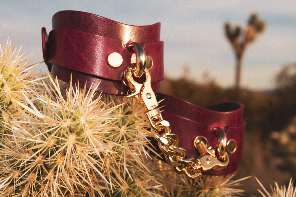 Wrist wearing Bordeaux leather BDSM cuffs with gold-tone hardware, desert scenery backdrop.