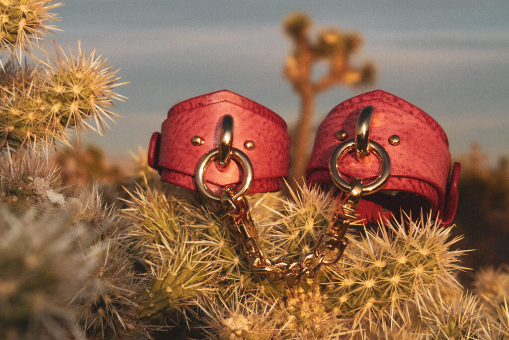 Elegantly crafted Desert Rose Italian leather BDSM cuffs resting on a desert cactus, showcasing the golden O-rings.