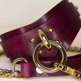 Handcrafted Bordeaux Italian leather BDSM collar with luxurious gold-tone rings, leash and chain.