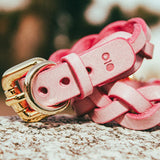 Close-up of a pink braided leather day collar with gold buckle and metal ring on a textured surface
