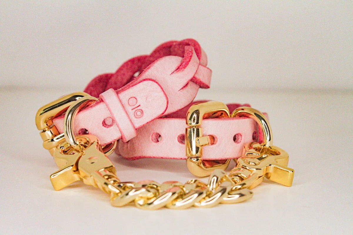 Soft pink leather day collar with gold chain and buckle details, leather wrist cuffs style