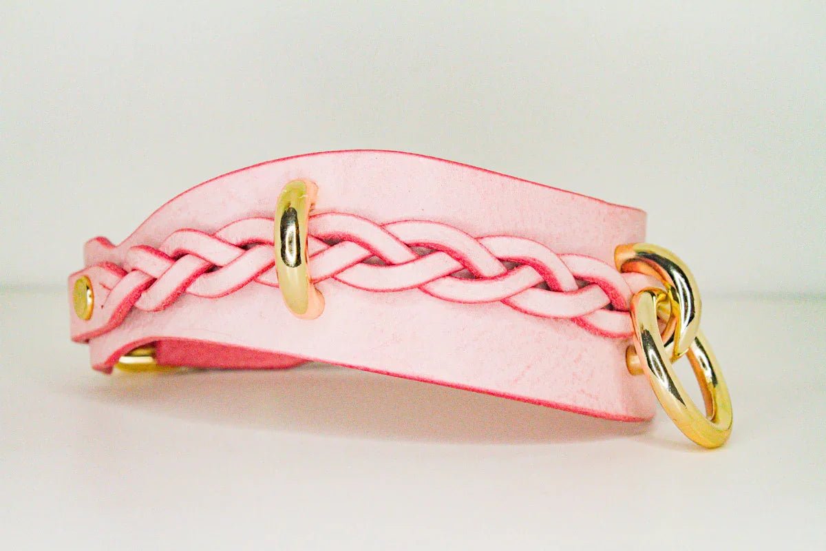 Pink leather day collar with braided design and gold rings, custom leather collar accessory