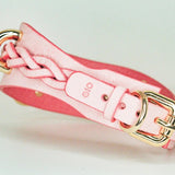 Pink braided leather day collar with gold buckle and rings, handcrafted full-grain leather