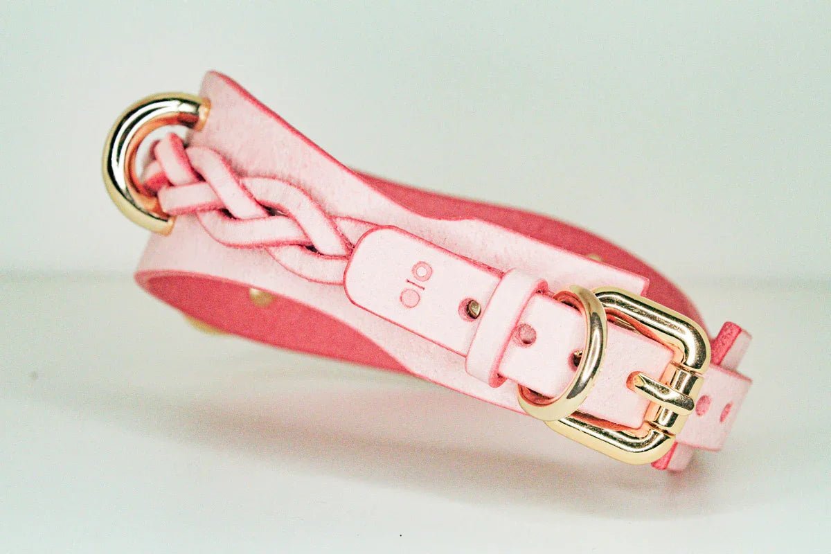 Pink braided leather day collar with gold buckle and rings, handcrafted full-grain leather