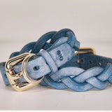 rear view luxury blue leather bdsm cowboy core handcuffs with gold hardware
