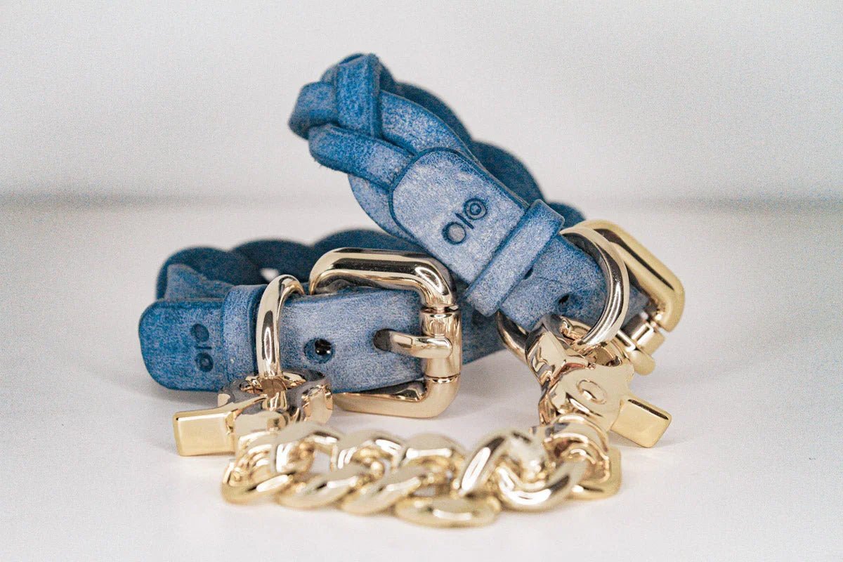 luxury blue leather bdsm cowboy core handcuffs with gold hardware