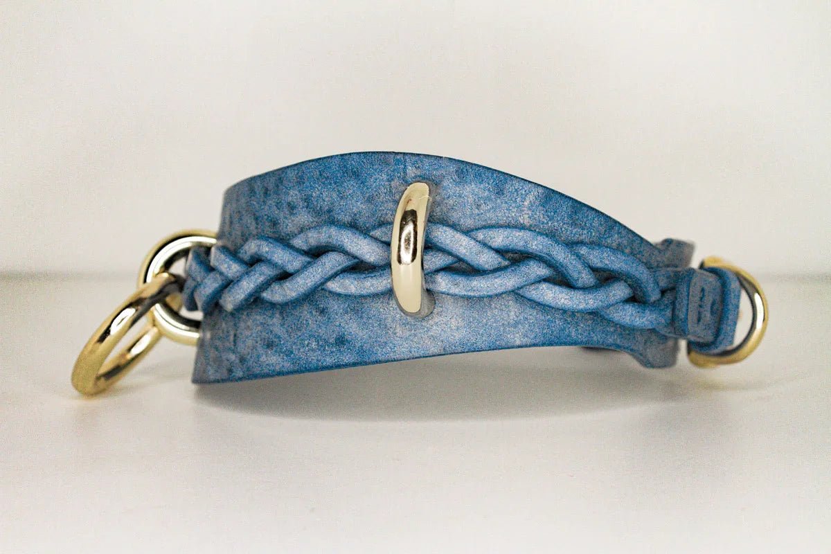product side view blue bdsm cowboy core collar with gold hardware