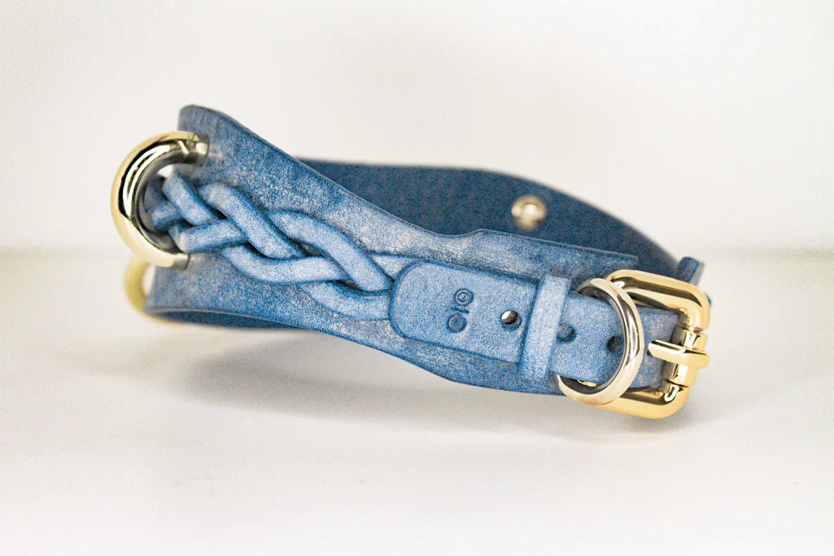 product detail view blue bdsm cowboy core collar with gold hardware