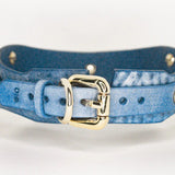 product back view blue bdsm cowboy core collar with gold hardware