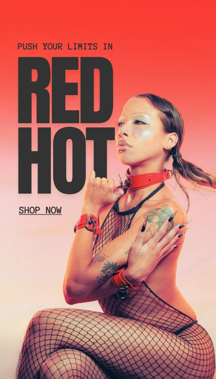 Promotional image with a person wearing a red choker and fishnet stockings, against a gradient background with text 'Red Hot'.