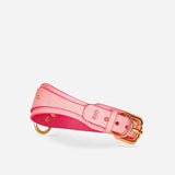 Pink leather day collar with gold buckle and hardware, custom leather accessory from Neon Coyotes