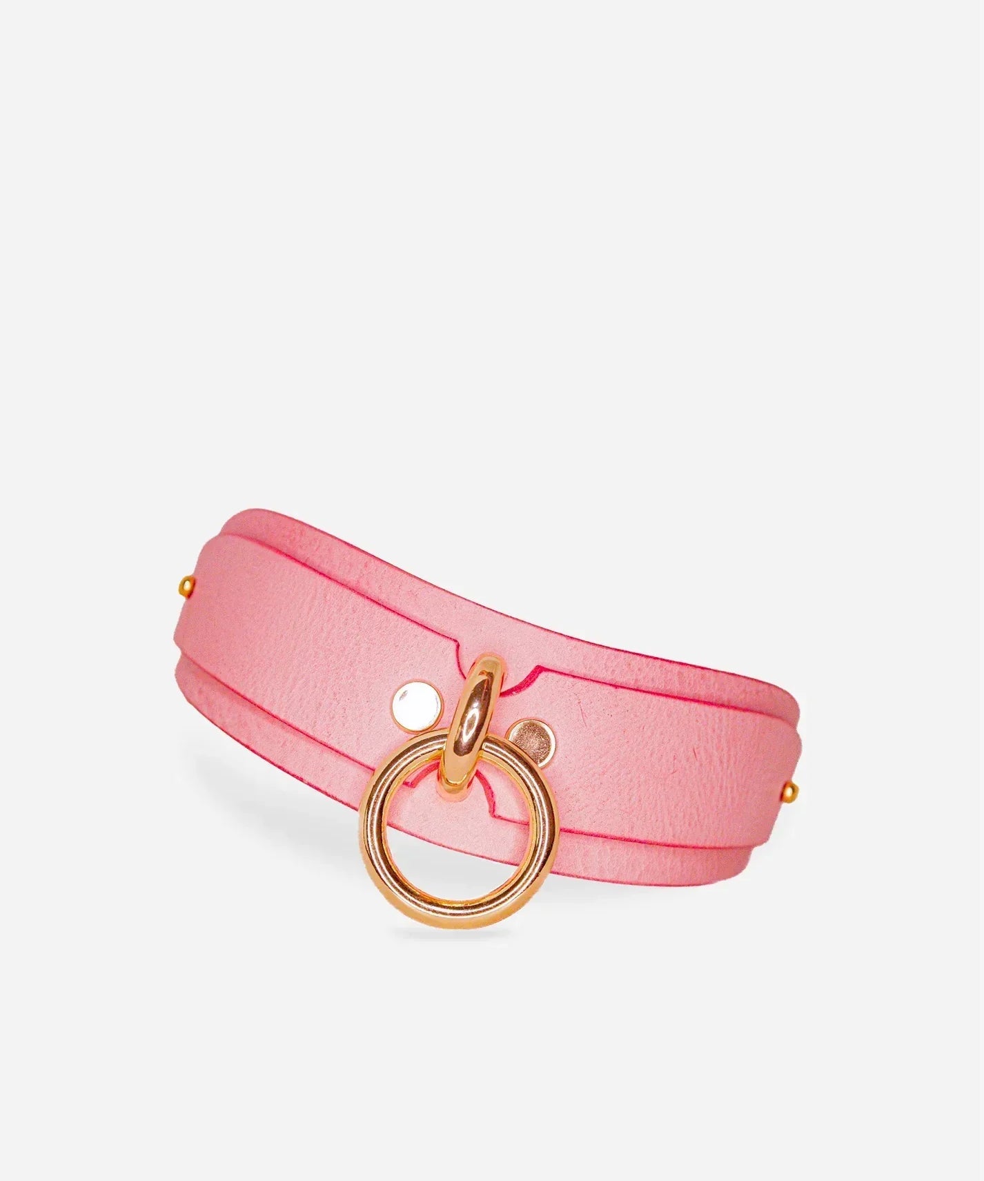 Pink leather day collar with gold ring and rivet details, premium leather cuffs style
