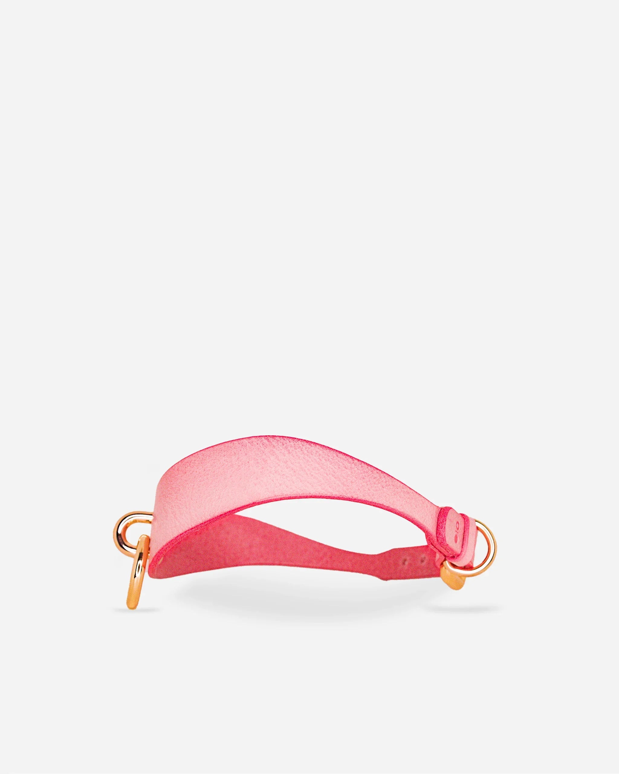 Pink leather day collar with gold hardware on white background, featuring fine grain texture