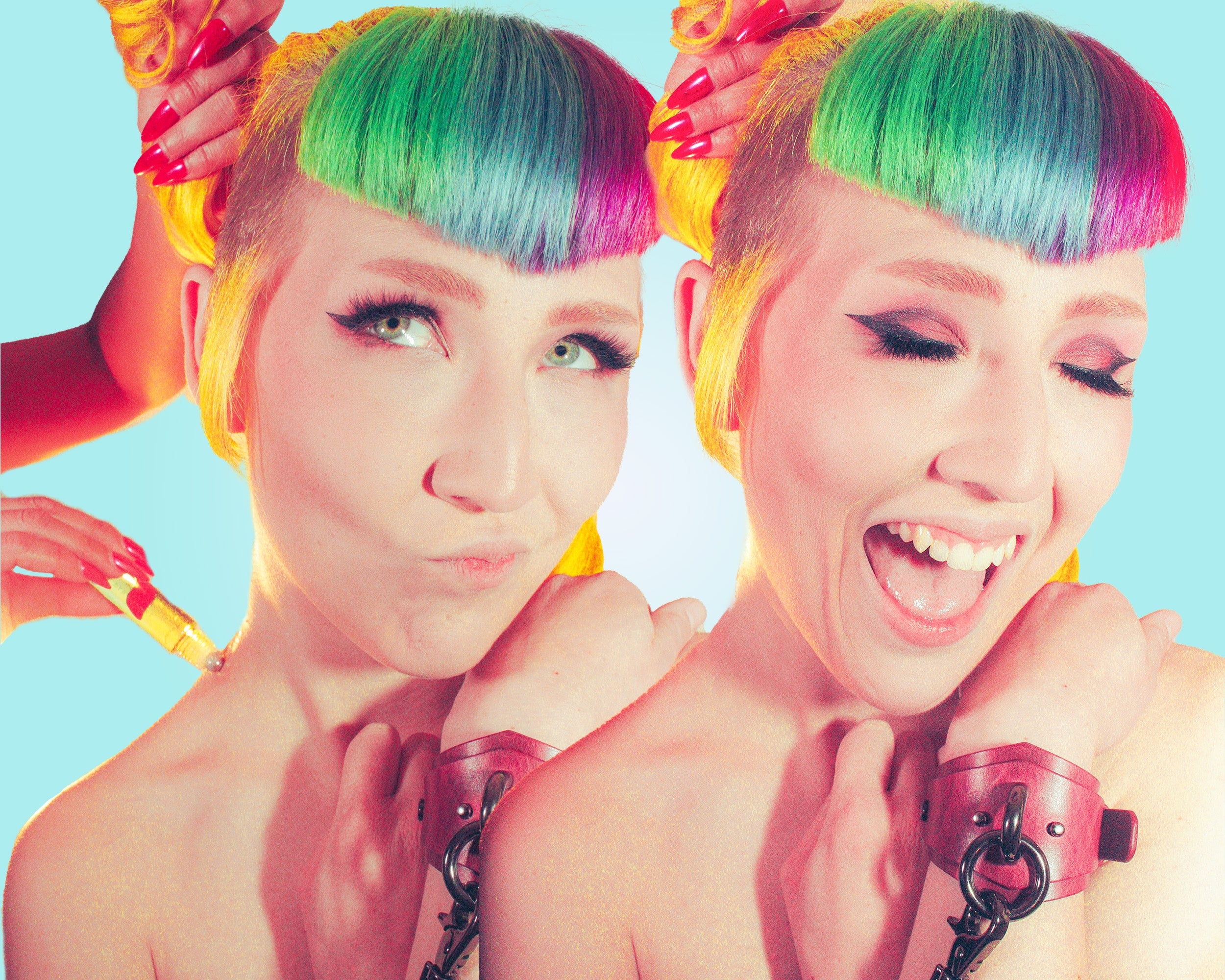  a woman's hand applying Brat Tamer Pocket Perfume on a smiling woman with rainbow colored hair