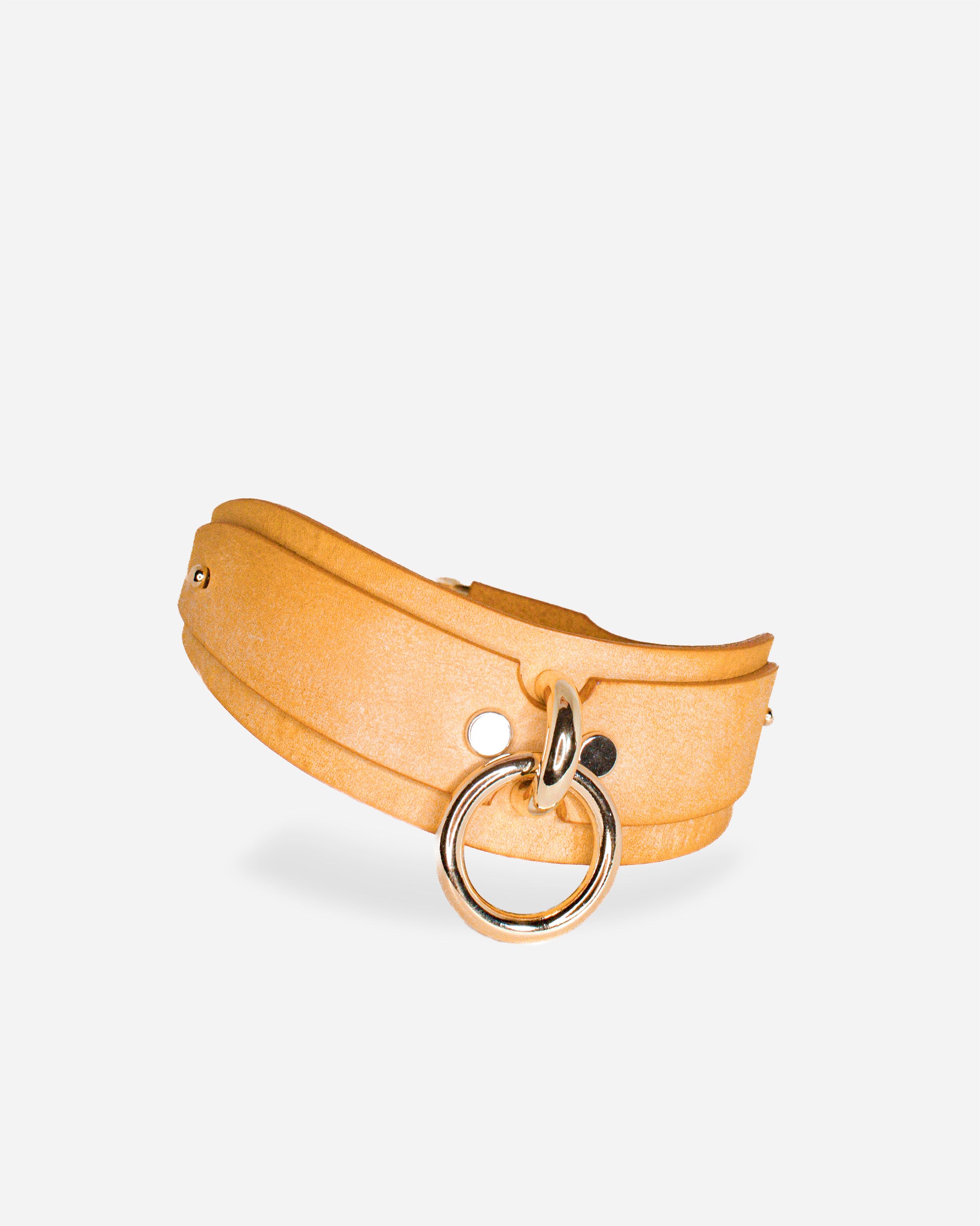 Tan leather day collar with silver ring hardware, handmade leather collar design