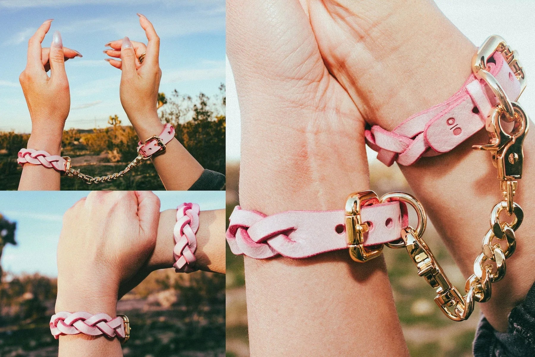 Pink leather wrist cuffs and braided leather day collar connected by gold chain outdoors