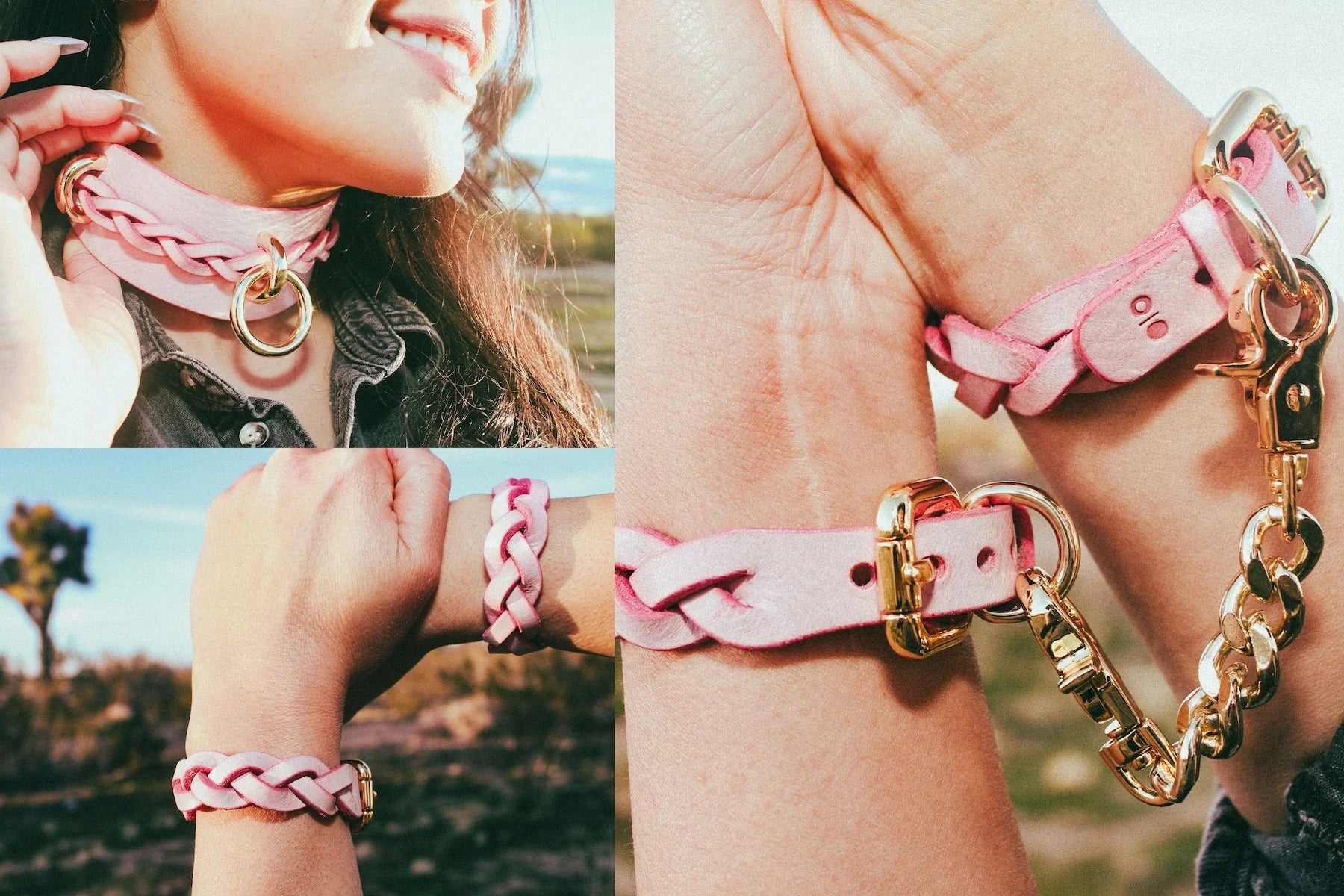 Close-up of pink leather collars and leather wrist cuffs with gold hardware worn outdoors, featuring braided leather day collar and chain details