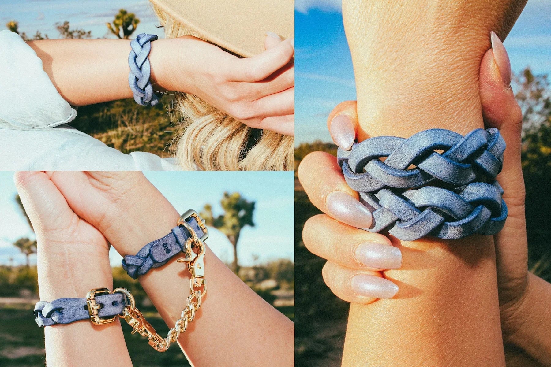 Braided and buckle leather cuffs in denim blue worn on wrists outdoors with clear sky background