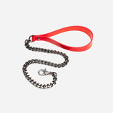 custom red bdsm leash with charcoal chain on a white background
