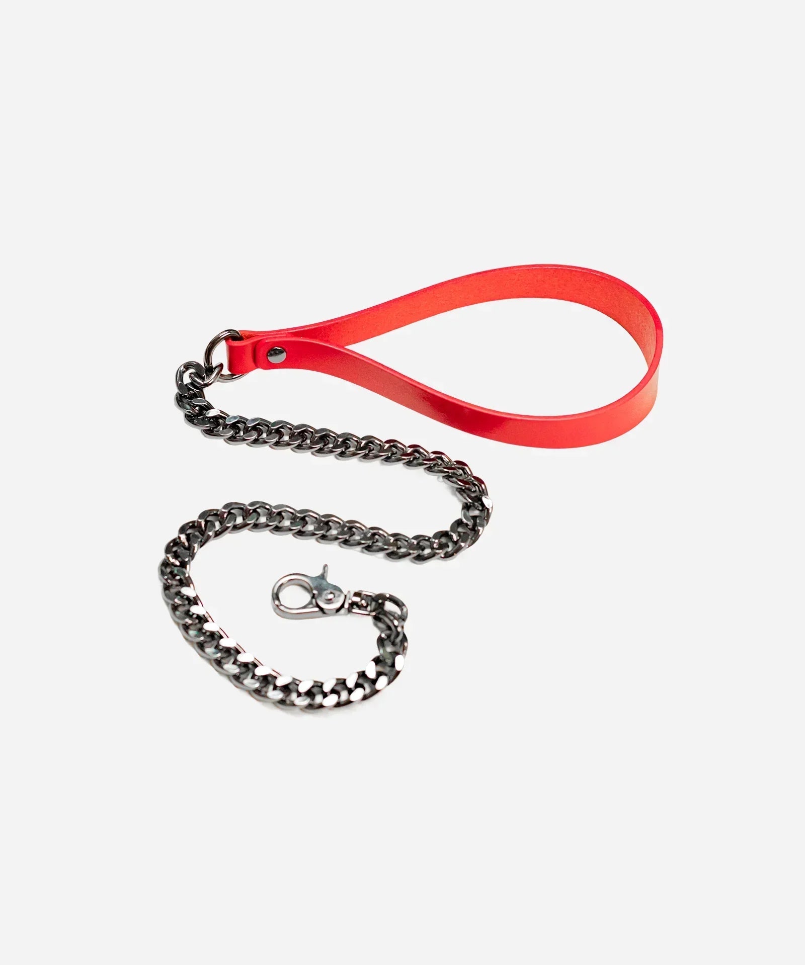 custom red bdsm leash with charcoal chain on a white background