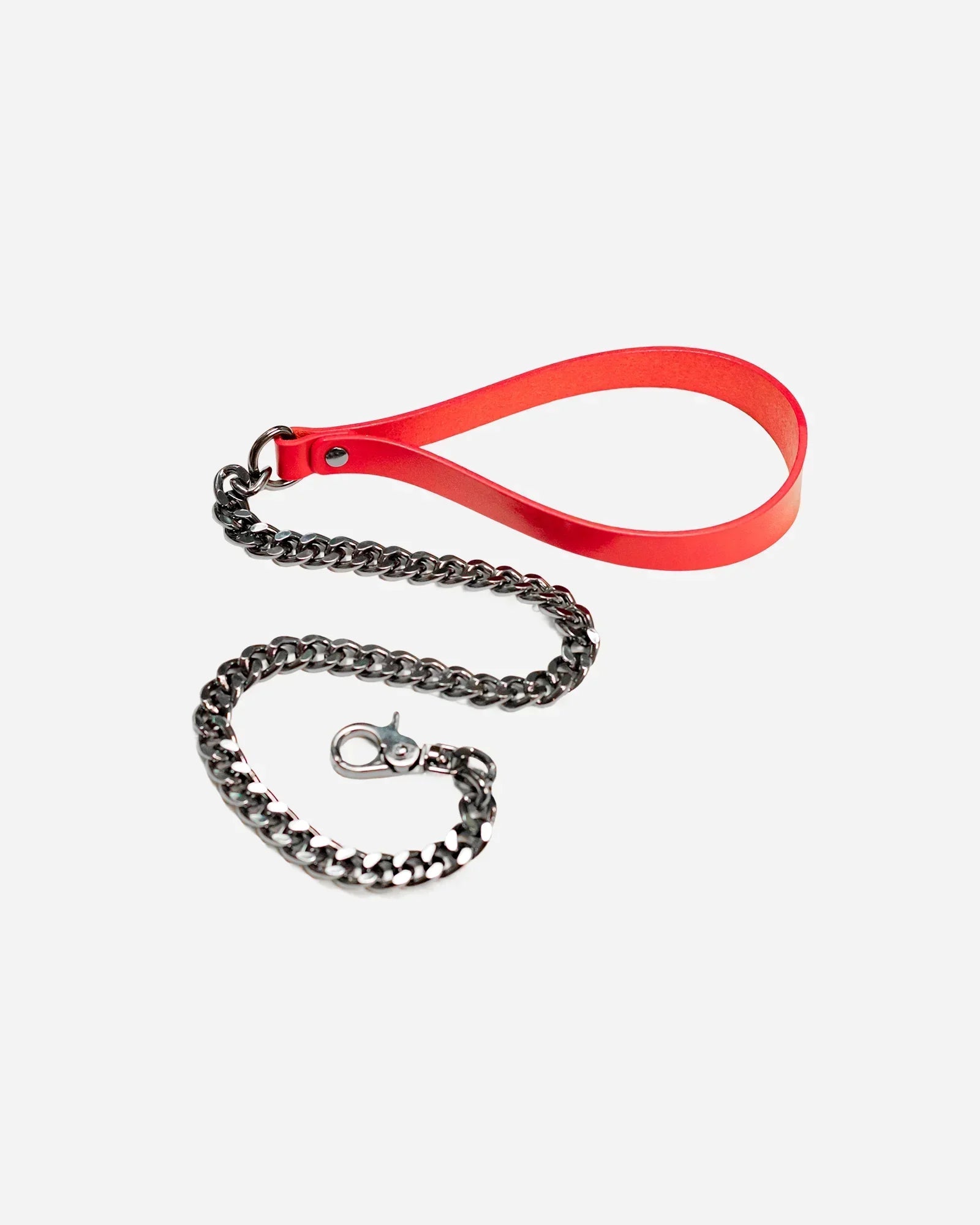 custom red bdsm leash with charcoal chain on a white background