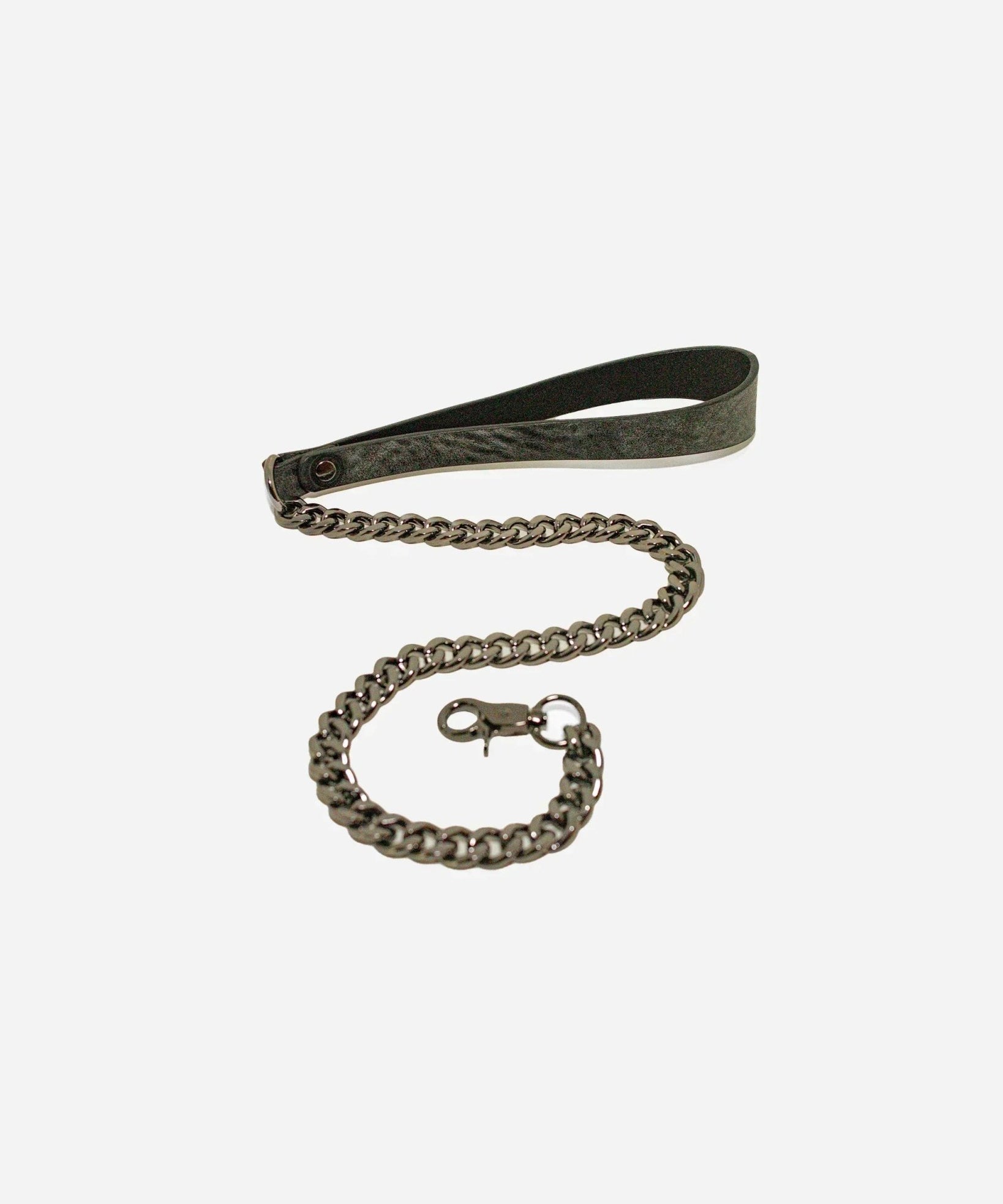 Black leather day collar with silver chain leash and clasp on white background